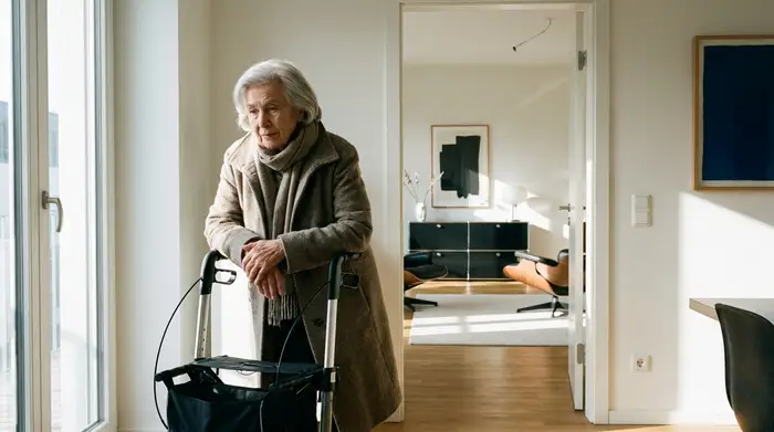 Eine ältere Frau stützt sich leicht auf einen Rollator in einem hellen Flur. Sie wirkt etwas schwach, aber würdevoll. Im Hintergrund ist eine saubere, moderne Wohnung zu sehen.