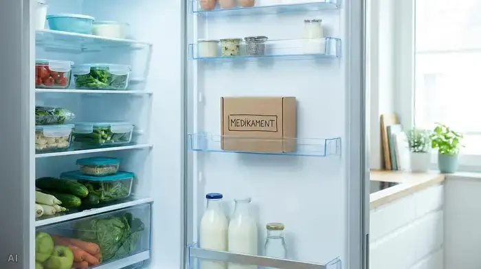 Ein sauberer, aufgeräumter, geöffneter Kühlschrank, in dem eine kleine, unauffällige Schachtel sicher auf der mittleren Ablage liegt. Kühle, frische Farben, realistisches häusliches Umfeld.