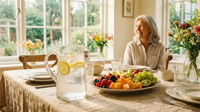 Ein ansprechend gedeckter Tisch mit einem großen Glas frischem Wasser und einem bunten, gesunden Obstteller. Im Hintergrund sitzt eine ältere Dame, die entspannt aus dem Fenster schaut. Helle, positive Stimmung.