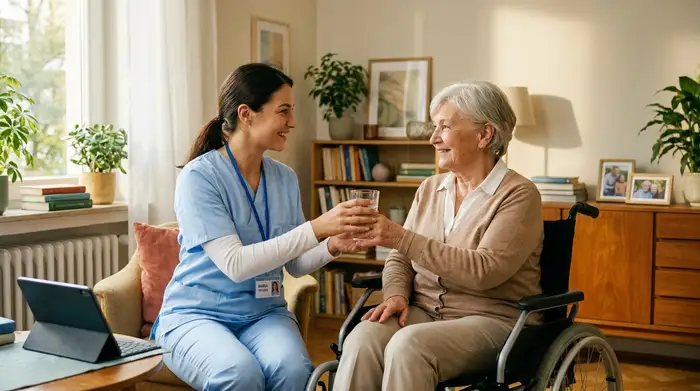 Eine freundliche Pflegekraft in hellblauer Berufskleidung reicht einer lächelnden Seniorin im Rollstuhl ein Glas Wasser. Die Szene wirkt professionell, ruhig und strahlt große Sicherheit und Geborgenheit im häuslichen Umfeld aus.