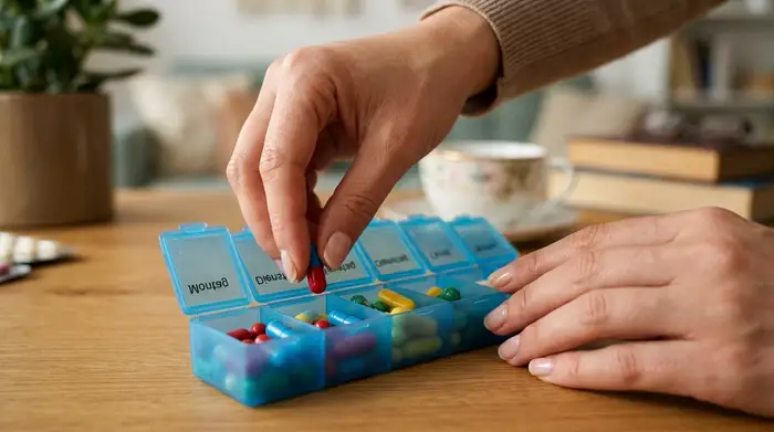 Nahaufnahme von gepflegten Händen, die sorgfältig bunte Kapseln in einen übersichtlichen, blauen Wochendosierer mit mehreren Fächern sortieren. Der Hintergrund ist leicht unscharf, was den Fokus auf die strukturierte Vorbereitung lenkt.
