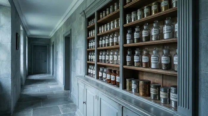 Ein gut organisierter Apothekerschrank in einem kühlen, schattigen Flur. Auf einem Regalbrett stehen ordentlich aufgereihte kleine Dosen fernab von direkter Sonneneinstrahlung. Die Umgebung ist extrem sauber und aufgeräumt.