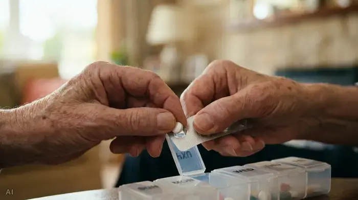 Nahaufnahme der Hände einer älteren Person, die vorsichtig versuchen, eine kleine Tablette aus einem Blister in einen praktischen Wochendispenser zu drücken. Fokus auf die feinmotorische Herausforderung, weicher Hintergrund.