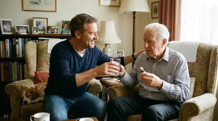 Ein liebevoller Sohn reicht seinem demenzkranken Vater ein Glas Wasser und lächelt ihm aufmunternd zu, während er geduldig auf die Einnahme der Tropfen wartet. Gemütliche Wohnzimmeratmosphäre.