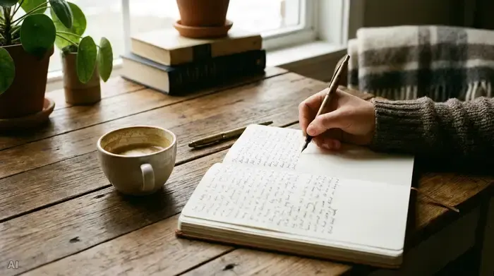 Eine aufgeschlagene Kladde auf einem Holztisch, daneben eine Tasse Kaffee und ein Stift. Eine Hand schreibt gerade sorgfältig Notizen auf. Gemütliches, aufgeräumtes Ambiente ohne lesbaren Text.