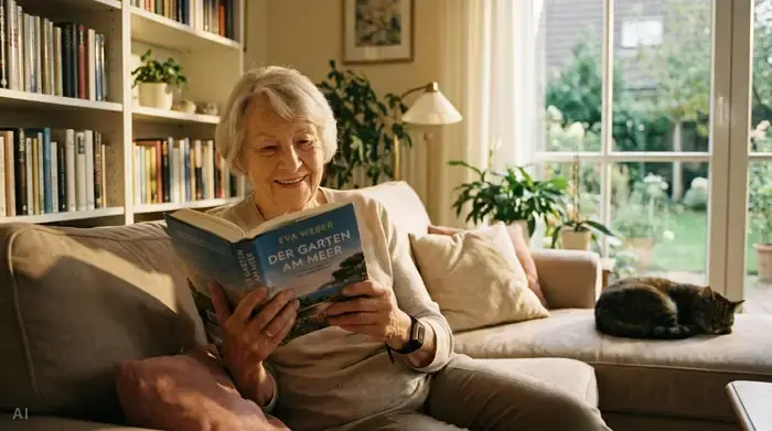 Eine ältere Dame trägt ein unauffälliges Hausnotruf-Armband am Handgelenk und liest entspannt ein Buch auf dem Sofa. Friedliche und sichere Wohnumgebung, weiches Licht.