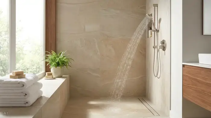 Ein modernes, sauberes Badezimmer mit einer ebenerdigen Dusche. Ein sanfter, lauwarmer Wasserstrahl fließt aus einer Handbrause. Die Szene ist beruhigend und hell, ohne Personen, fokussiert auf die sichere und einladende Duschumgebung.