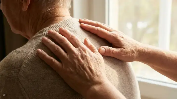 Nahaufnahme der Hände einer Pflegeperson, die behutsam den oberen Rücken einer älteren Person berührt. Die Haut ist sauber, trocken und frei von Reizungen. Das sanfte, warme Licht unterstreicht die Sorgfalt der Pflege.