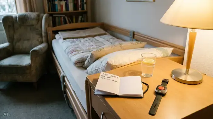 Ein ordentlicher Nachttisch neben einem gemütlichen Seniorenbett. Darauf liegt ein kleines, aufgeschlagenes Notizbuch, das als Schmerztagebuch dient, ordentlich neben einem Glas Wasser und einer modernen Hausnotruf-Uhr.