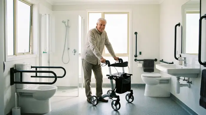 Ein älterer Herr stützt sich leicht auf einen Rollator in einem modernen, barrierefreien Badezimmer. Er blickt zuversichtlich. Helles, sicheres Umfeld mit gut sichtbaren Haltegriffen an den Wänden, realistische Fotografie, keine Texteinschlüsse.