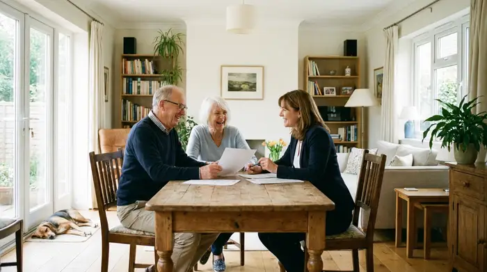 Ein lächelndes älteres Ehepaar sitzt an einem Holztisch im Wohnzimmer und bespricht gemeinsam mit einer freundlichen Beraterin einige Dokumente. Helles Tageslicht, aufgeräumtes Zimmer, positive und entspannte Stimmung, fotorealistisch.
