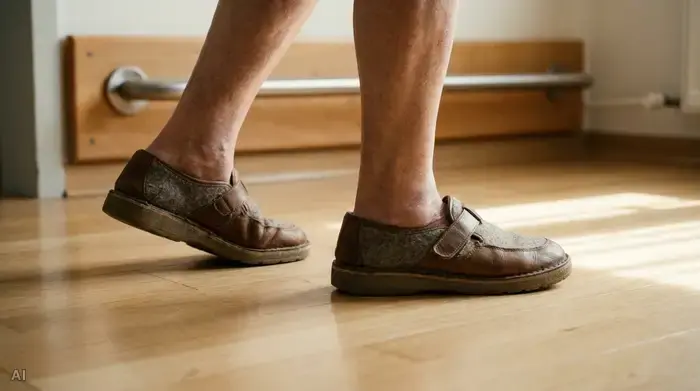 Eine Nahaufnahme der Beine einer älteren Person in festen, geschlossenen Hausschuhen, die sicher über einen hellen, glatten Holzboden ohne Teppiche geht. Im Hintergrund ist leicht verschwommen ein stabiler Haltegriff an der Wand zu erkennen.