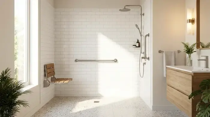Ein modernes, helles Badezimmer mit einer bodengleichen Dusche. An der weißen Fliesenwand ist ein stabiler, metallischer Haltegriff montiert, und ein klappbarer Duschsitz bietet Sicherheit. Das Licht ist freundlich und einladend.