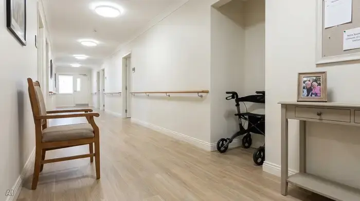 Ein aufgeräumter Flur in einem Seniorenhaushalt. Eine helle LED-Beleuchtung erhellt den Raum, ein stabiler Stuhl mit Armlehnen steht bereit, und der Boden ist völlig frei von losen Teppichen oder Kabeln.