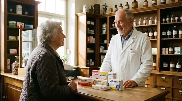 Ein freundlicher Apotheker im weißen Kittel bespricht sich am Tresen mit einer älteren Dame. Auf dem Tisch liegen verschiedene Medikamentenpackungen geordnet nebeneinander, während der Apotheker beruhigend lächelt.