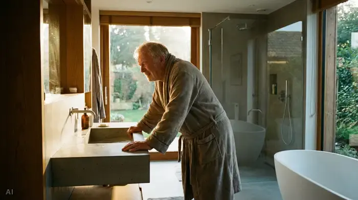 Ein älterer Herr steht mit schmerzverzerrtem Gesicht in einem modernen Badezimmer und stützt sich schwer auf das Waschbecken. Helles Morgenlicht fällt durch das Fenster.