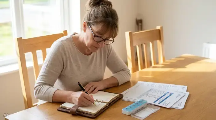 Eine konzentrierte Frau mittleren Alters sitzt an einem aufgeräumten Esstisch und notiert mit einem Stift sorgfältig Details in ein Notizbuch. Neben ihr liegen medizinische Dokumente.