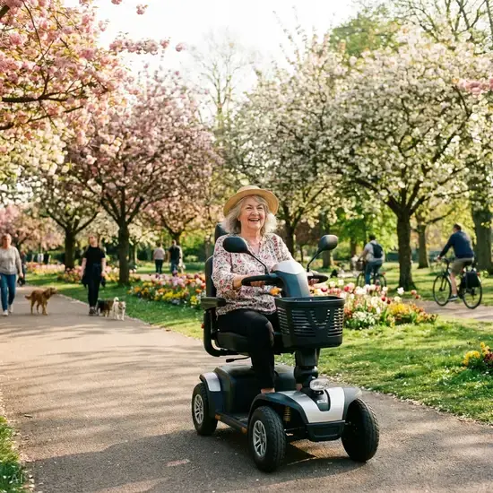 Eine lächelnde Seniorin fährt entspannt mit einem modernen Elektromobil durch einen sonnigen, grünen Park, umgeben von blühenden Bäumen.