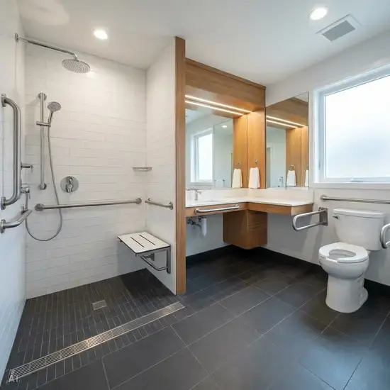 Ein seniorengerechtes, helles Badezimmer mit einer bodengleichen Dusche, stabilen Haltegriffen aus Edelstahl und rutschfesten anthrazitfarbenen Bodenfliesen.
