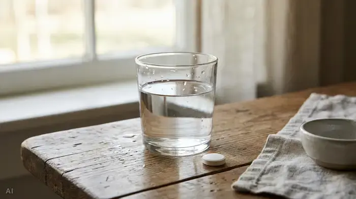 Nahaufnahme von klarem Wasser in einem Glas auf einem Holztisch neben einer kleinen, runden, weißen Tablette, weiches Tageslicht, beruhigende medizinische Szene.