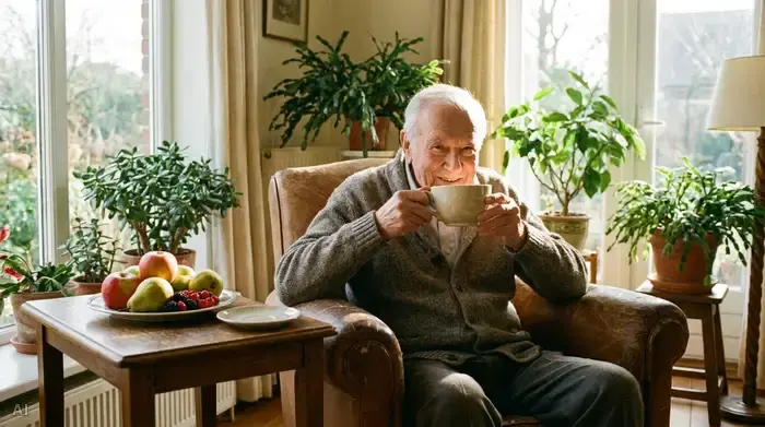 Ein älterer Herr sitzt entspannt in einem bequemen Sessel und trinkt aus einer großen Teetasse, neben ihm steht auf einem kleinen Tischchen ein Teller mit frischem Obst, helle und freundliche Umgebung.