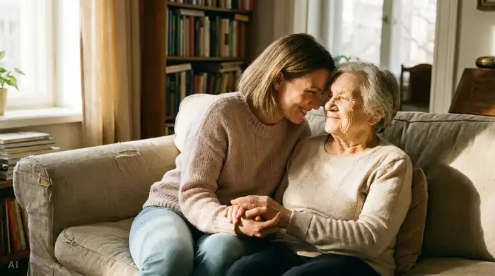 Eine fürsorgliche Tochter hält sanft die Hände ihrer älteren Mutter, beide sitzen nah beieinander auf einem Sofa, liebevoller und tröstender Gesichtsausdruck, warme und wohnliche Beleuchtung.