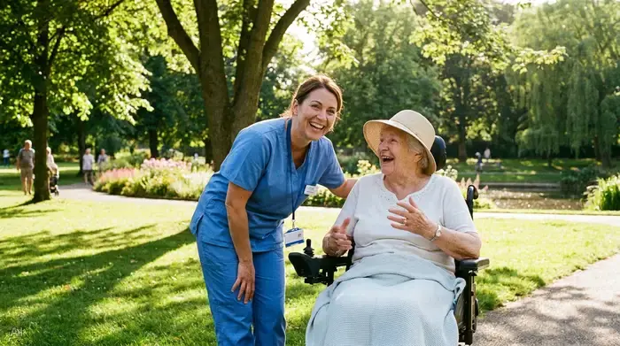 Eine professionelle Pflegekraft in blauer Berufskleidung unterhält sich fröhlich mit einer Seniorin im Rollstuhl bei einem Spaziergang in einem sonnigen, grünen Park.