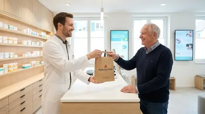 Ein freundlicher Apotheker in einem weißen Kittel überreicht einem älteren Herrn eine Papiertüte mit Medikamenten über den Tresen einer modernen, sauberen Apotheke. Beide lächeln.