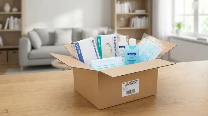 Ein geöffnetes Paket mit sauberen Pflegehilfsmitteln wie Einmalhandschuhen und Desinfektionsmitteln steht auf einem hellen Holztisch. Im Hintergrund sieht man unscharf ein aufgeräumtes Wohnzimmer.