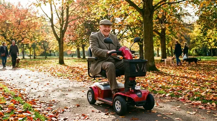 Ein rüstiger Senior fährt an einem sonnigen Herbsttag glücklich mit einem modernen, roten Elektromobil durch einen gepflegten Park. Buntes Laub liegt auf dem Weg.