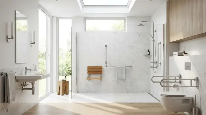 Ein modernes, helles und barrierefreies Badezimmer mit einer geräumigen, bodengleichen Dusche. An den Wänden sind elegante, verchromte Haltegriffe angebracht.