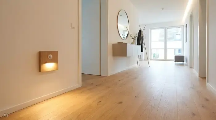 Ein gut beleuchteter, aufgeräumter Flur in einem modernen Haus. Der Holzboden ist frei von losen Teppichen oder Kabeln. An der Wand befindet sich ein stilvoller Bewegungsmelder, der sanftes, warmes Licht ausstrahlt.