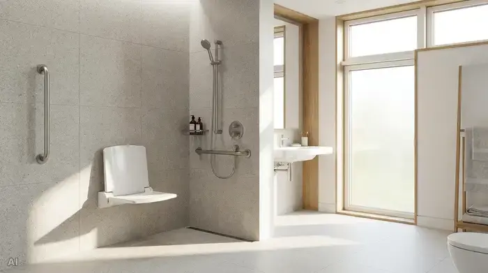 Ein modernes, barrierefreies und helles Badezimmer. Eine bodengleiche Dusche mit rutschfesten, matten Fliesen und einem stabilen, an der Wand montierten weißen Klappsitz. Ein eleganter Haltegriff aus gebürstetem Edelstahl ist neben der Dusche angebracht.