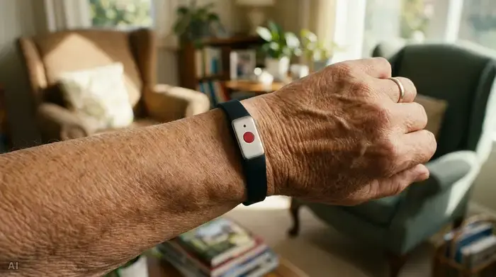 Eine Nahaufnahme des Handgelenks einer älteren Person, die ein modernes, unauffälliges Hausnotruf-Armband mit einem roten Knopf trägt. Im Hintergrund sieht man weich gezeichnet ein gemütliches, sonnendurchflutetes Wohnzimmer.