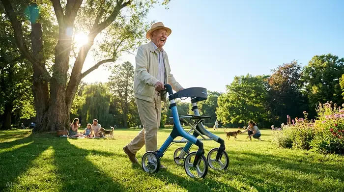 Ein fröhlicher älterer Herr geht an einem sonnigen Tag mit seinem modernen Rollator durch einen grünen, gepflegten Park. Die Sonne scheint hell vom blauen Himmel, und die umgebende Natur wirkt lebendig und erfrischend.