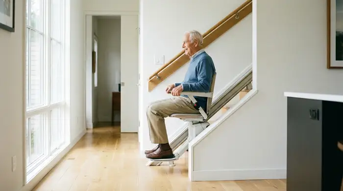 Ein moderner, unauffälliger Treppenlift in einem gepflegten, hellen Treppenhaus eines Einfamilienhauses. Ein älterer Herr fährt entspannt und sicher nach oben. Realistische Darstellung, Fokus auf Barrierefreiheit und Selbstständigkeit.