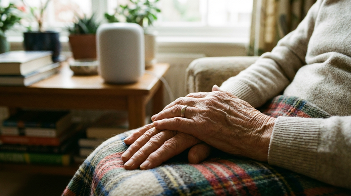 Nahaufnahme der Hände einer älteren Person, die friedlich auf dem Schoß ruhen, im Hintergrund unscharf ein smarter Lautsprecher auf einem Tisch. Sanftes, natürliches Licht, gemütliche Atmosphäre.