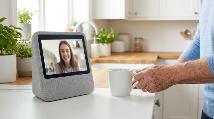 Ein moderner Smart-Display-Lautsprecher auf einer sauberen Küchenanrichte. Auf dem Bildschirm ist ein unscharfes Videobild einer lächelnden jungen Frau zu erahnen. Eine ältere Hand greift nach einer Kaffeetasse daneben. Helle, freundliche Küche.