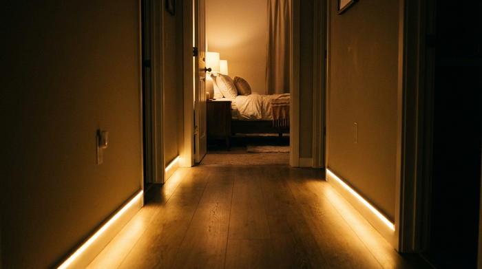 Ein gut beleuchteter Flur bei Nacht. Warme, smarte LED-Leuchten an den Fußleisten erhellen den Weg. Im Hintergrund ein gemütliches Schlafzimmer. Realistisch, sicherheitsvermittelnd, ohne Text.