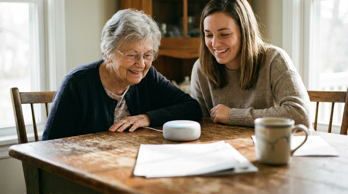 Eine ältere Person sitzt gemeinsam mit einer jüngeren Frau an einem Holztisch. Sie betrachten lächelnd einen kleinen Smart-Lautsprecher. Auf dem Tisch liegen unscharfe Papiere und eine Kaffeetasse. Vertrauensvolle Stimmung.