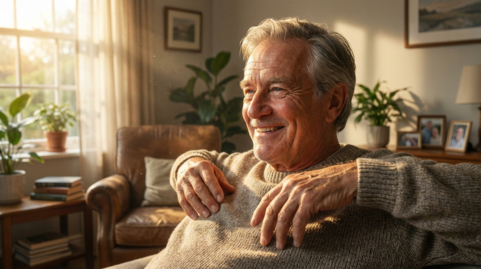 Eine detaillierte, hyperrealistische Nahaufnahme eines glücklichen älteren Mannes, der in einem hellen Wohnzimmer leichte Dehnübungen macht. Warmes Sonnenlicht fällt durch das Fenster, gemütliche und saubere Umgebung.