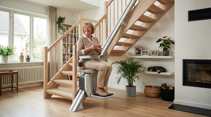 Eine ältere Dame sitzt bequem auf einem modernen Treppenlift und fährt lächelnd eine helle Holztreppe hinauf. Ein gepflegtes, gemütliches Zuhause im Hintergrund, sichere und entspannte Atmosphäre.