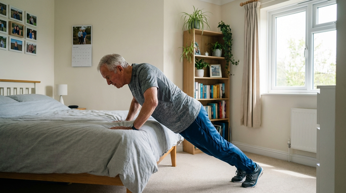 Ein rüstiger Senior macht konzentriert einen Wandliegestütz in einem aufgeräumten, hellen Schlafzimmer. Er trägt bequeme Sportkleidung, realistische und motivierende Szene im heimischen Umfeld.