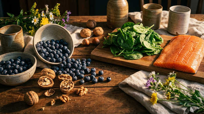 Ein rustikaler Holztisch, reich gedeckt mit frischen Blaubeeren, Walnüssen, grünem Spinat und einem Stück Lachs. Frische, appetitliche und farbenfrohe Lebensmittel in bester Qualität, kinoreife Beleuchtung.