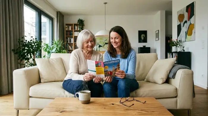 Eine ältere Frau und ihre erwachsene Tochter sitzen auf einem bequemen Sofa in einem modernen Wohnzimmer und schauen gemeinsam lächelnd in eine Informationsbroschüre. Eine Tasse Kaffee steht auf dem Holztisch vor ihnen.
