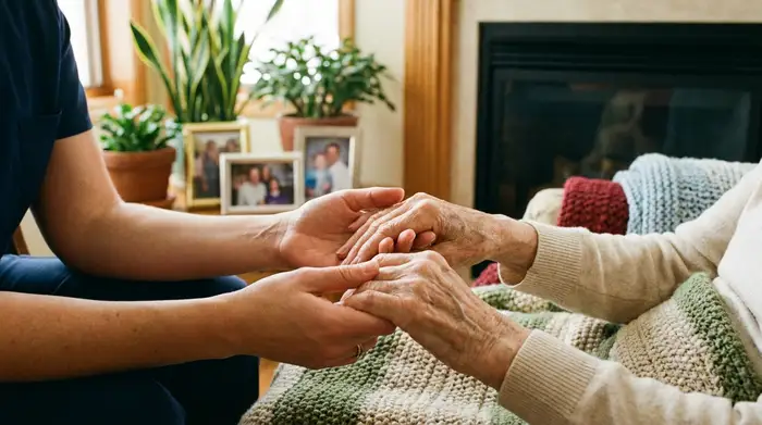 Eine Nahaufnahme der Hände einer Pflegekraft, die sanft die Hände einer älteren Person hält. Im Hintergrund ist unscharf ein gemütliches Wohnzimmer mit Pflanzen und Bildern zu erkennen, was Geborgenheit und Fürsorge ausstrahlt.