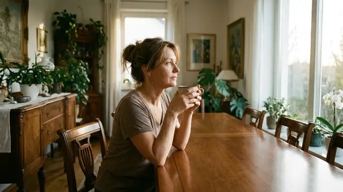 Eine nachdenkliche, erwachsene Frau sitzt an einem eleganten Esstisch und hält eine Tasse Kaffee. Weiches, beruhigendes Tageslicht fällt durch das Fenster und erzeugt eine ruhige Stimmung.