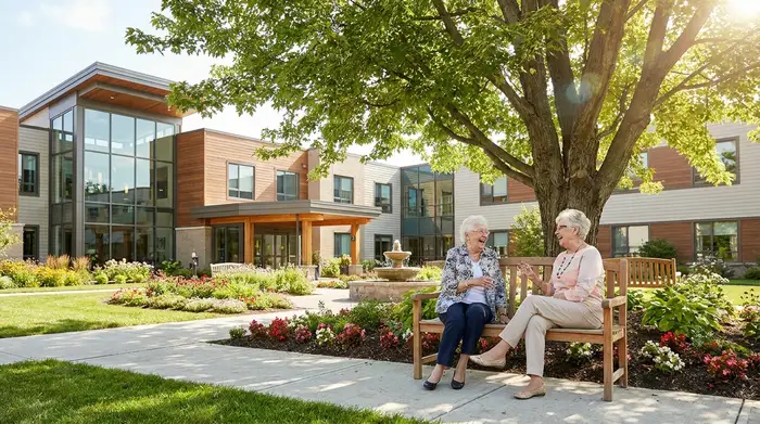 Ein sonniger, gepflegter Garten einer modernen Seniorenresidenz. Zwei ältere Frauen sitzen auf einer Bank unter einem großen, grünen Baum und unterhalten sich angeregt.