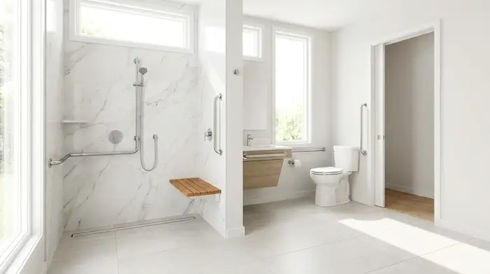 Ein sauberes, modernes Badezimmer mit einer bodengleichen, barrierefreien Dusche und eleganten, verchromten Haltegriffen an den Wänden. Hell, sicher und altersgerecht gestaltet.