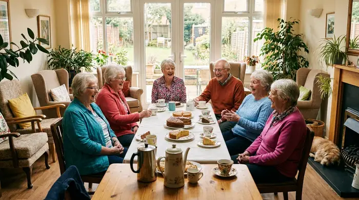 Eine Gruppe fröhlicher Senioren sitzt in einer hellen, gemütlichen Einrichtung bei Kaffee und Kuchen zusammen und unterhält sich angeregt.